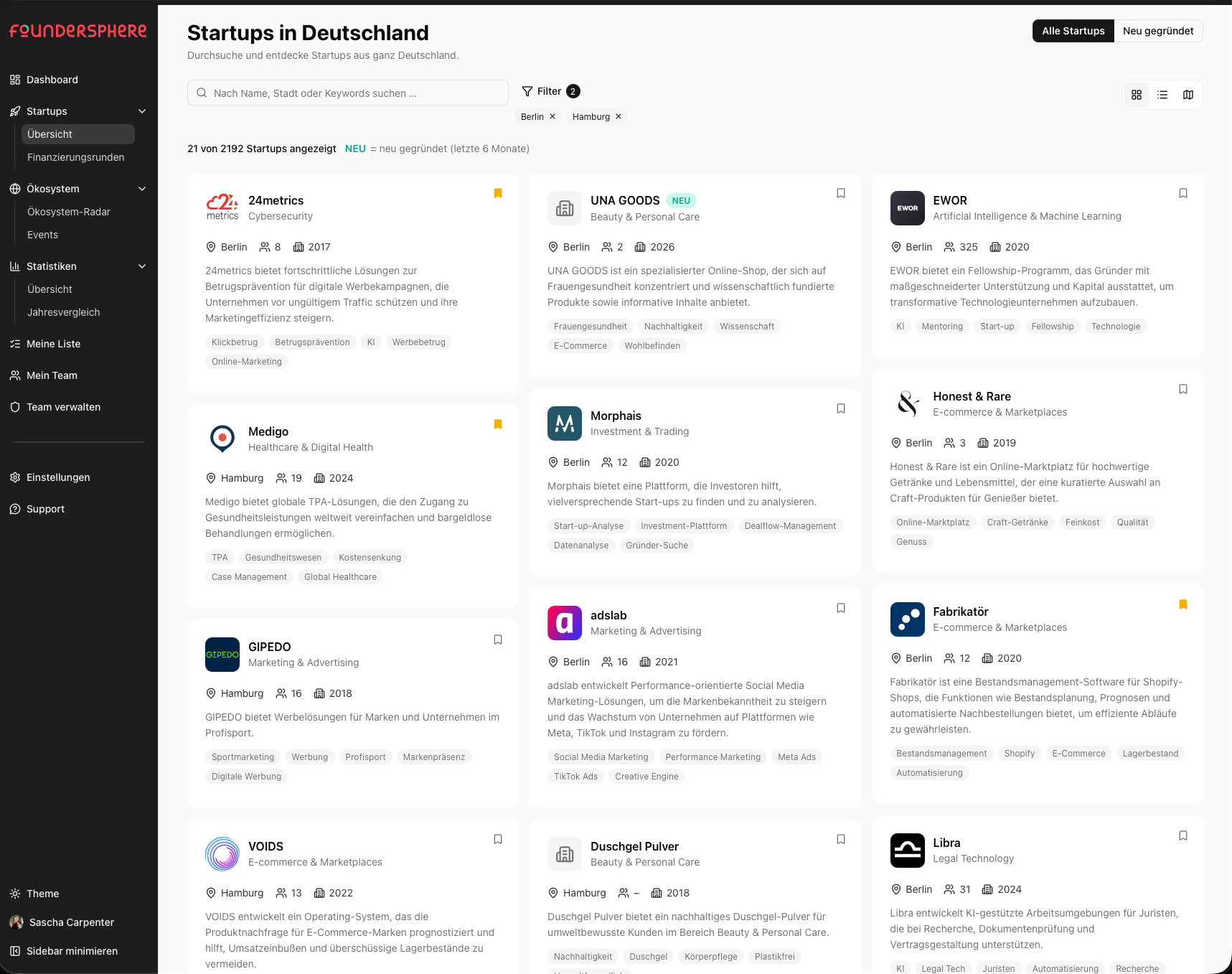FS2.0 Startup-Übersicht mit Filtern nach Branche, Region und Reifegrad